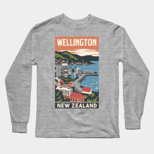 A Vintage Travel Art of Wellington - New Zealand Long Sleeve T-Shirt